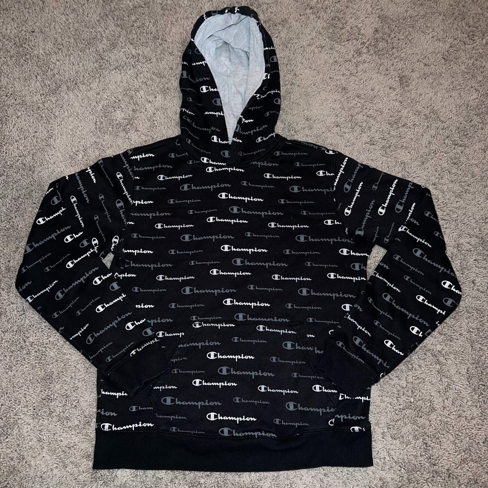 Champion All Over Print Hoodie Black Sweatshirt Size Youth XL Extra Large